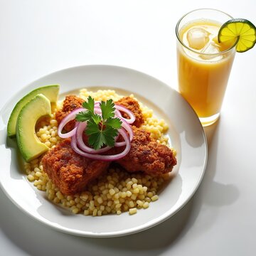 Crispy fried pork bites served with fluffy couscous, sliced avocado, and red onion. Orange juice with lime and ice accompanies the savory Ecuadorian fritada meal.