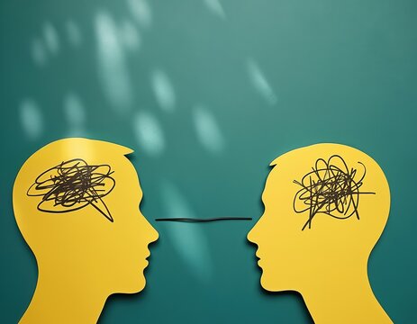 Two yellow human head profiles face each other. A black line connects their scribbled brains. Symbolizes connection empathy understanding and shared thoughts. Represents communication.