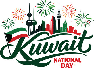 Obraz premium Kuwait National Day celebration typography with skyline and fireworks
