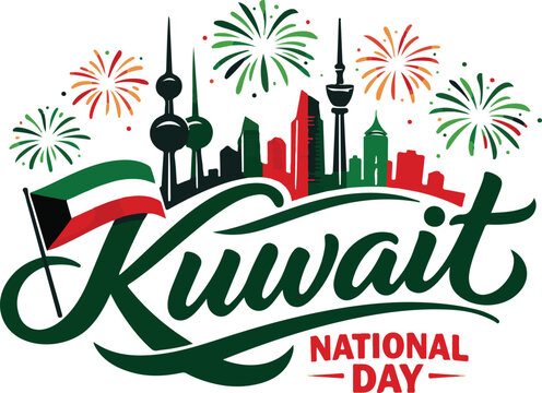 Kuwait National Day celebration typography with skyline and fireworks
