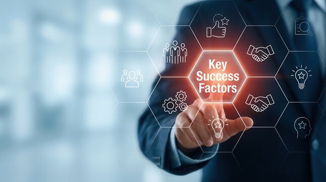 Visualizing a strategic business framework, a hand touches a glowing digital Key Success Factors label, symbolizing strategy, teamwork, and performance.