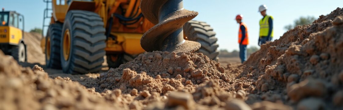 Heavy drilling machine excavates dirt with auger bit on construction site. Workers in hard hats observe process. Ground breaking for new infrastructure project.