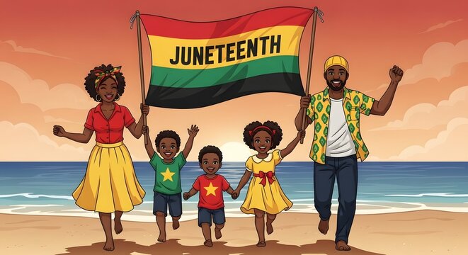 Happy juneteenth celebration with a family running on the beach holding a flag