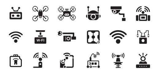 Fototapeta premium Set of technology icons featuring surveillance devices communication tools and smart gadgets.