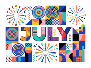Obraz premium Vibrant retro geometric vector illustration for July celebrations, featuring festive patterns and stylized fireworks artwork