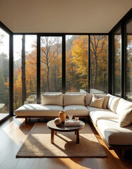 Naklejka premium Modern minimalist living room with large windows overlooking autumn forest. Sunlight streams onto white sectional sofa, coffee table. Warm, neutral decor creates serene, cozy ambiance in stylish home.