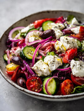 greek salad with tomato, onion, cucumber, olives and feta cheese 