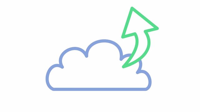 Blue cloud icon with green upward upload arrow isolated on an alpha channel. Flat design cloud computing animation for data migration symbol. Bold outline cloud storage icon with transfer data sign.