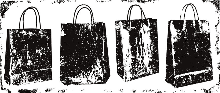 Set of four vintage textured paper bags with handles, grunge effect illustration on white background