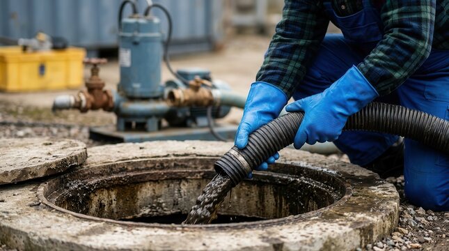 A worker in gloves carefully extracts sludge and sewage from a septic tank opening using a specialized hose, with the tank rim and pumping equipment visible, highlighting septic system maintenance.