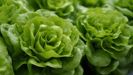Fototapeta premium Fresh Butter Lettuce Heads Growing in a Garden, Close-up Macro View