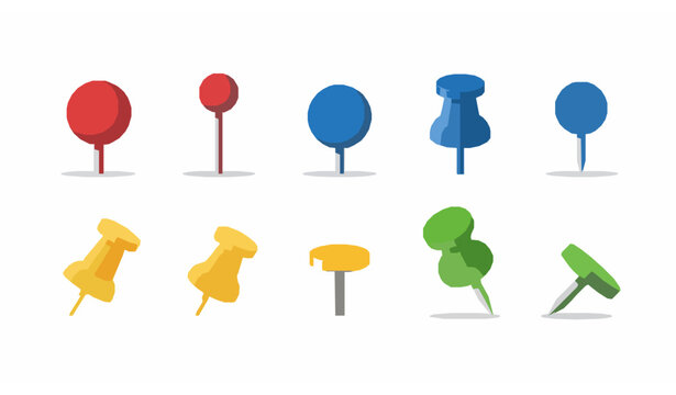 Colorful push pin icon set in flat style isolated on white background for office and map marker design