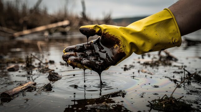 A gloved hand holds dark, viscous liquid over a muddy surface, illustrating environmental pollution and the impact of oil contamination.