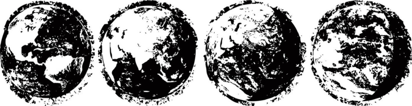 grunge distressed earth globes set four textured world map illustrations, vintage environmental and planet design elements