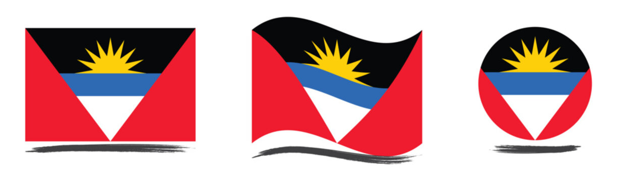 Antigua and Barbuda national flag set  flat waving and round icons with shadow effect for travel and patriotic design