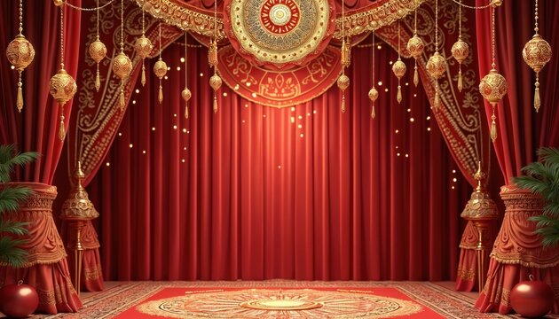 Luxury Indian wedding stage features opulent red velvet curtains gold ornate lanterns, intricate patterns. Festive backdrop complements ceremonial events with cultural richness, elegance, perfect for