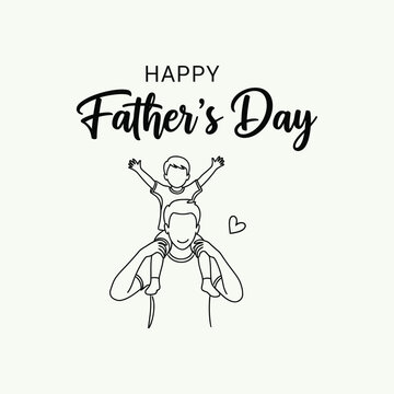 Happy fathers day line art illustration of father carrying son on shoulders for greeting card, social media post