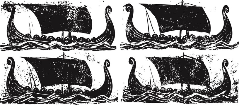 Viking longships sailing in rough waters ancient wooden boats with curved dragon prows and large sails
