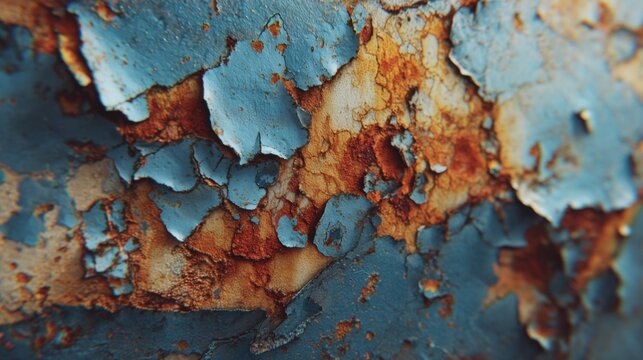Close up view of peeling paint and rust on a surface in a worn out building showing age and decay in a bright setting