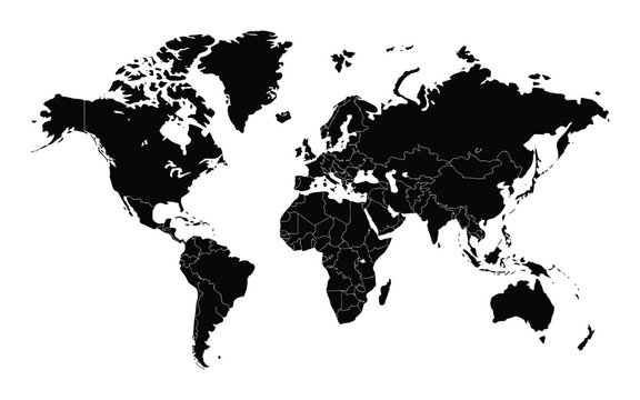 World map silhouette black continents vector illustration showing detailed geography of all countries across the global territory.