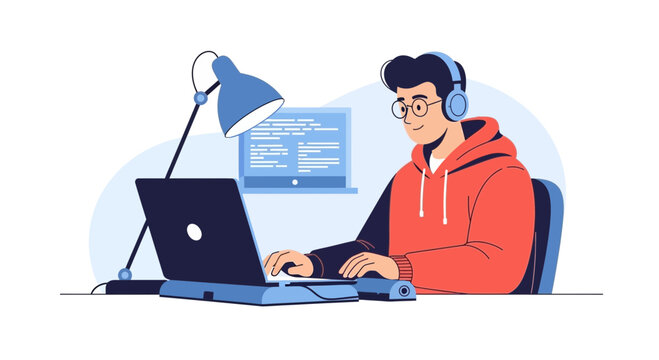 Young programmer coding on laptop, wearing headphones, focused on screen, desk setup