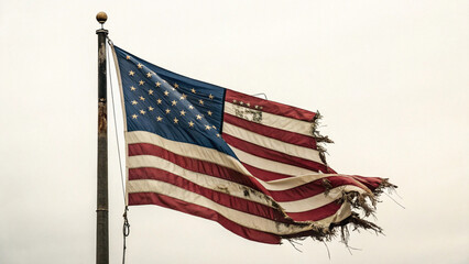 Naklejka premium Tattered american flag waving on pole