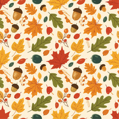 Fototapeta premium Colorful autumn pattern with leaves, acorns, berries, and mushrooms on a light beige background.