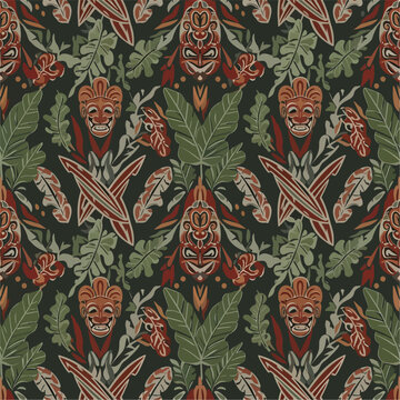 Seamless pattern featuring tribal tiki masks, tropical leaves, and surfboards on a dark background.