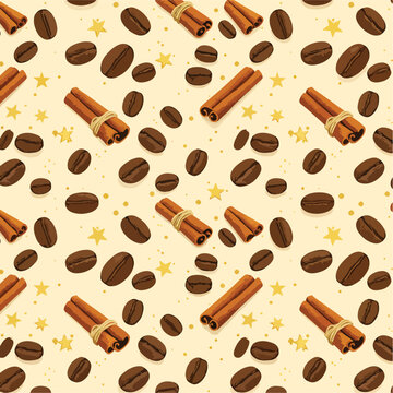 Seamless pattern featuring coffee beans, cinnamon sticks, and golden stars on a light background