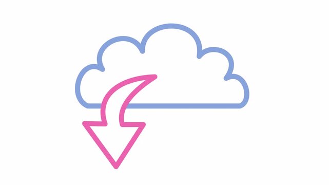 Blue cloud icon with pink downward download arrow isolated on an alpha channel. Flat design cloud computing animation for data retrieval symbol. Bold outline icon of a cloud download sign.