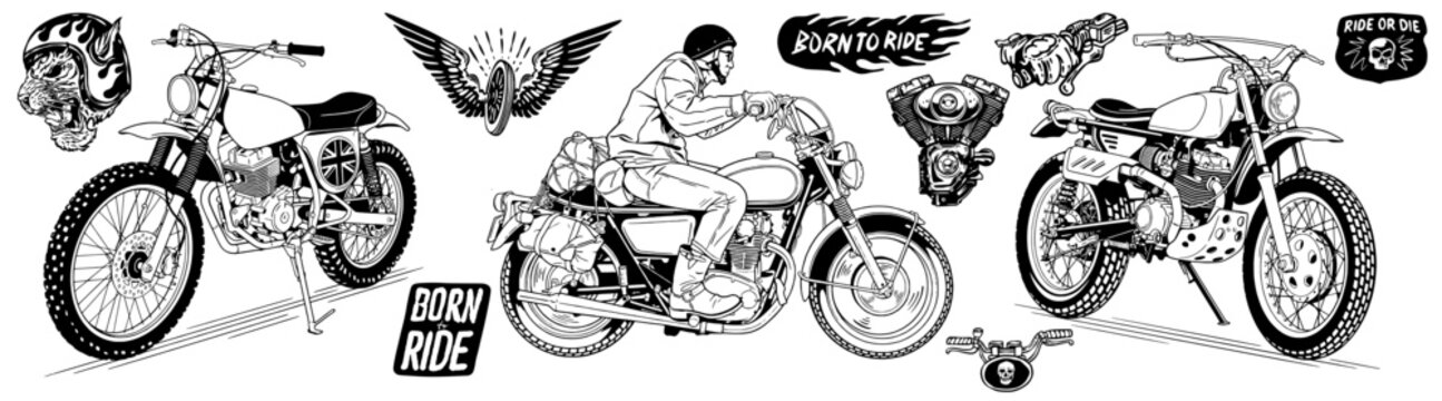 motorcycle vintage illustration set. vintage custom motorcycle illustration vector collection.