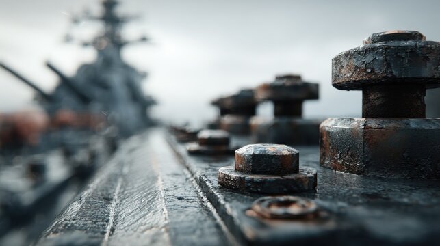 Rusty bolts on a battleship deck surrounded by clouds and mist early in the morning