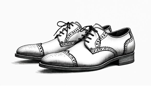 Classic men leather brogue shoes sketched with laces. Detailed drawing of formal footwear with elegant cap toe and wingtip style. These dress shoes are perfect for fashion design.