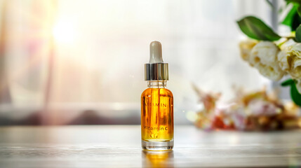 Fototapeta premium Organic Skincare Serum - Natural Essential Oil for Glowing Skin: Relaxation and Wellness in Amber Glass Dropper Bottle