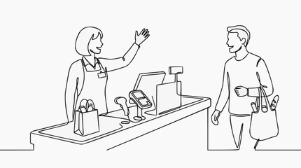 Fototapeta premium A checkout scene illustrating interaction between customer and cashier. The cashier greets the customer with a friendly gesture and the customer smiles back