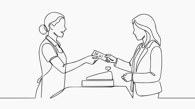 A line drawing of a cashier giving money to the customer. A cash register sits on the counter