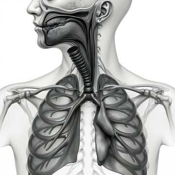Human respiratory system anatomy. Includes lungs trachea bronchi and upper airway passages. Detailed medical illustration. Scientific visualization.