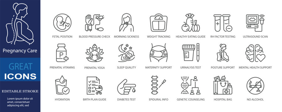 Set of icons for Pregnancy Care. Editable stroke. Vector illustration