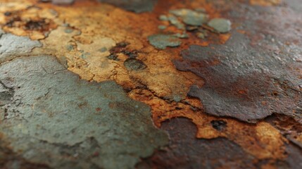 Naklejka premium Rusty surface shows layers of color and texture from natural elements over time and change in a close view from a specific location