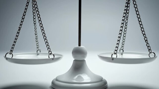 Close up of a white balance scale with empty pans and chain links in a neutral setting representing justice fairness and legal balance concept