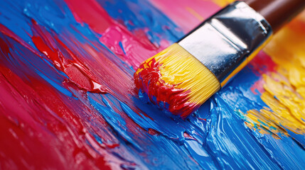 Fototapeta premium Colorful paint brush creating vibrant strokes on canvas, showcasing blend of red, blue, and yellow hues