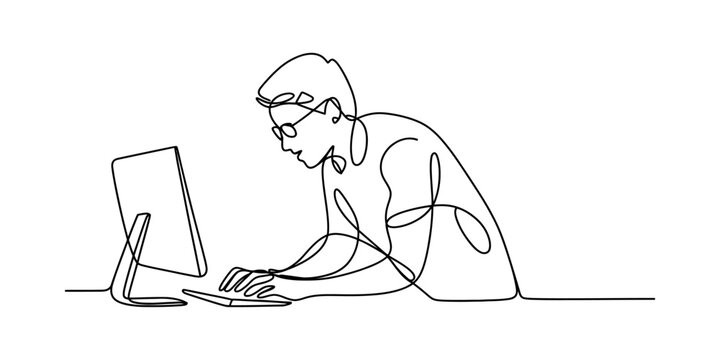 A continuous line drawing of a person sitting at a desk and working on a computer screen setup. Vector, illustration