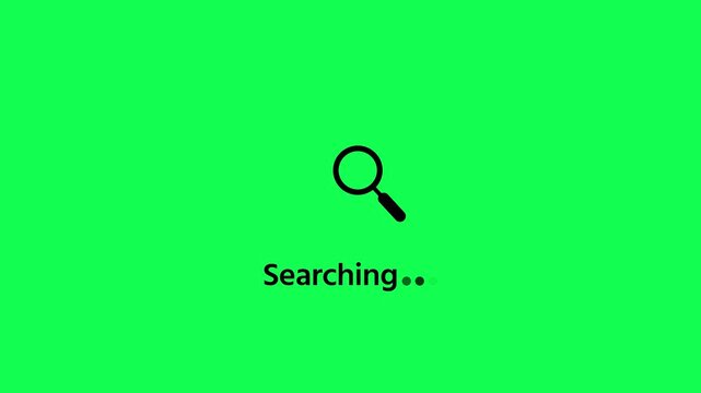 Animated magnifying glass icon on a screen with searching text information scan on green background. Searching written below it to denote an active information scan