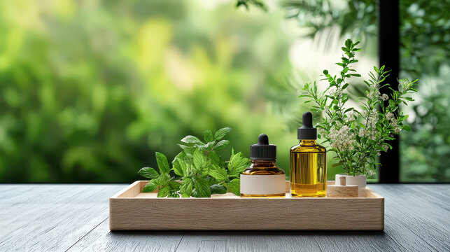 Natural oils and herbal poultices arranged on wooden tray, showcasing vibrant greenery in background, evoke sense of tranquility and wellness