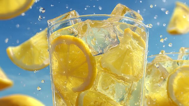 Refreshing Lemonade Splash with Ice and Slices, Summer Drink, Blue Sky Background