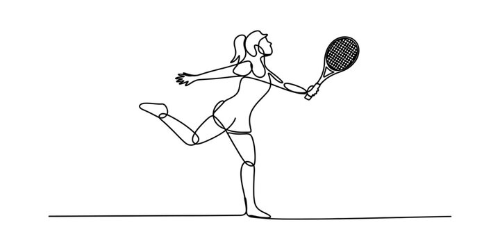 Continuous single line drawing of a female tennis player performing an active forehand swing shot. Vector, illustration