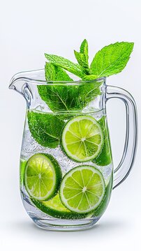 Refreshing Lime and Mint Infused Water in a Glass Pitcher, a Cool Summer Beverage. The vibrant green hues of the mint and lime sli