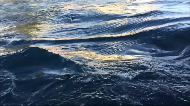 The ocean's surface is alive with motion, waves catching the light, creating a mesmerizing dance of texture and tone across the water's expanse.