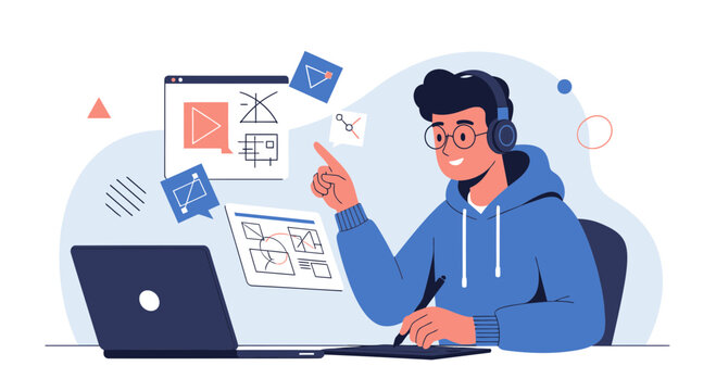 Young designer working on laptop with headphones, graphic design elements floating around