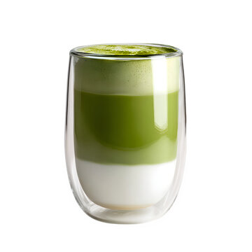 glass of green drink in a clear glass with ice lemon and mint on a white background